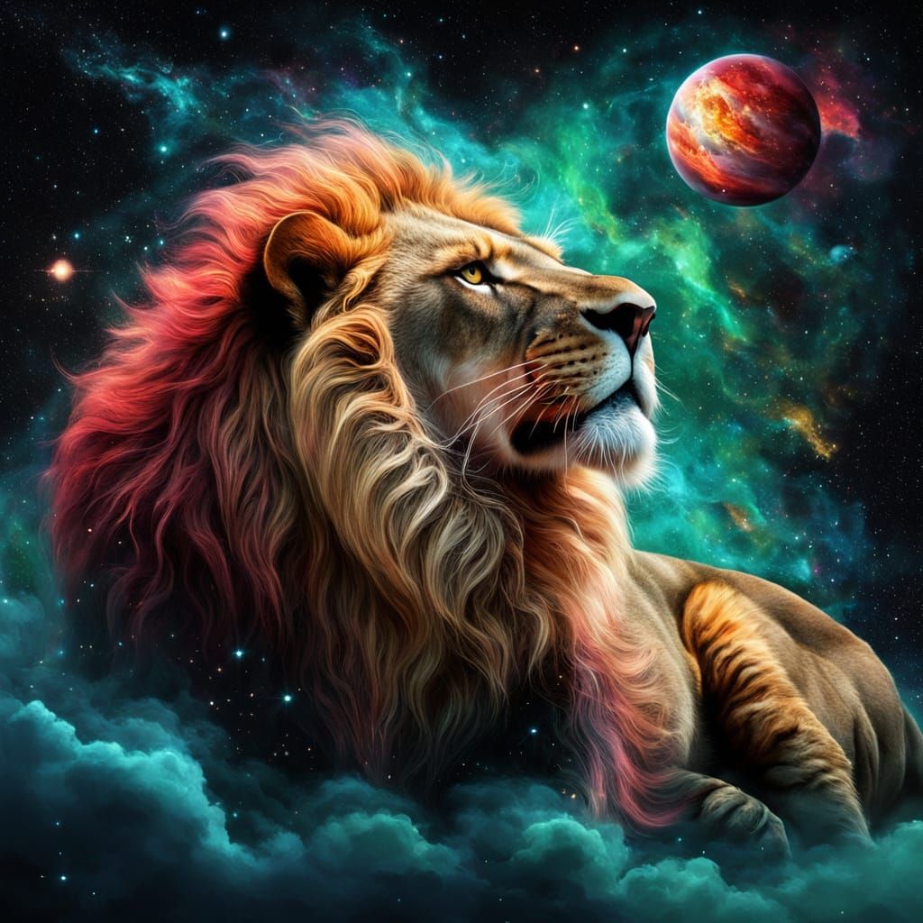 Surreal Celestial Lion Amidst Cosmic Aurora