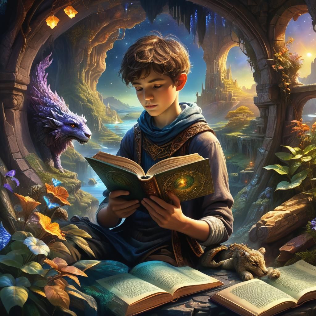 Boy Reading Fantasy Book: Detailed 3D Render