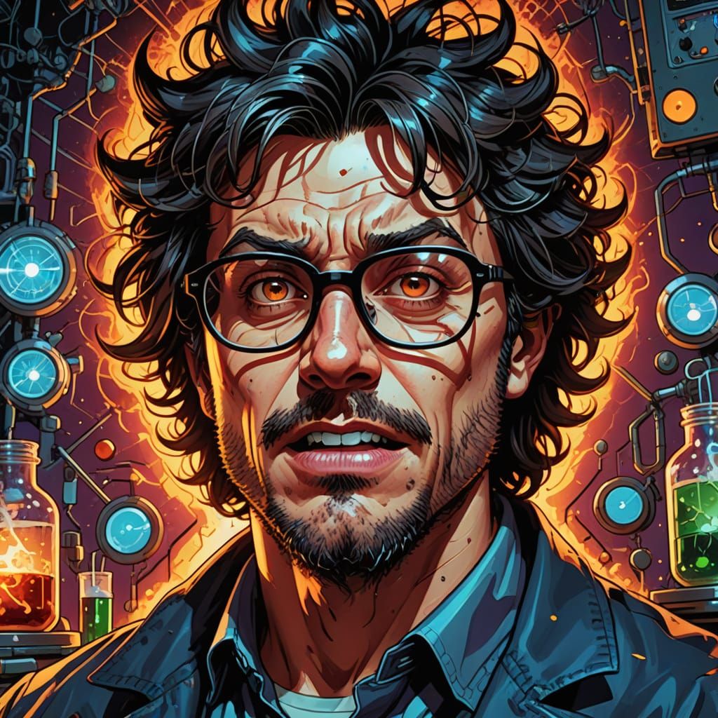 Mad Inventor in Laboratory Comic Book Art
