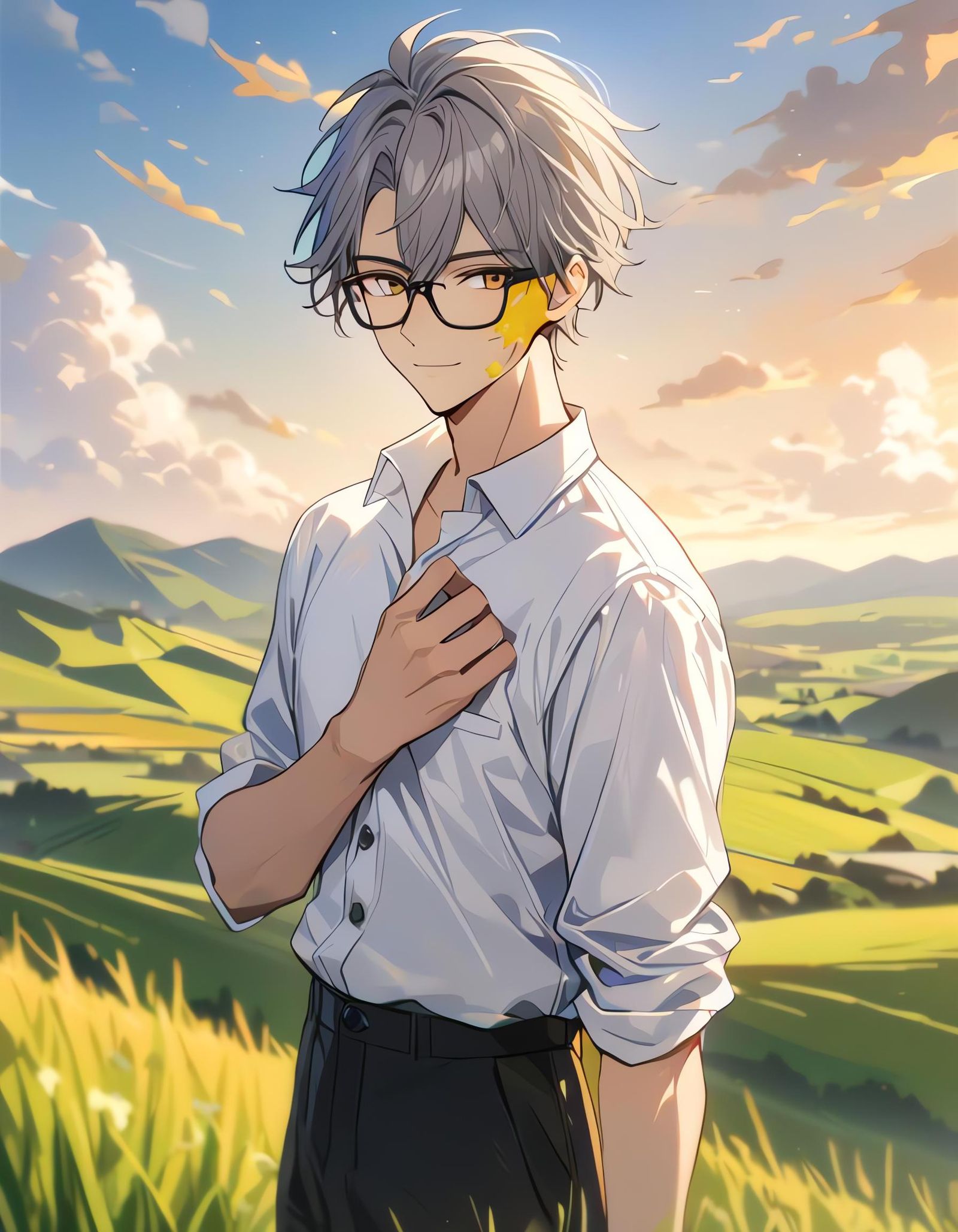 Boy with Yellow Eyes Standing in Field