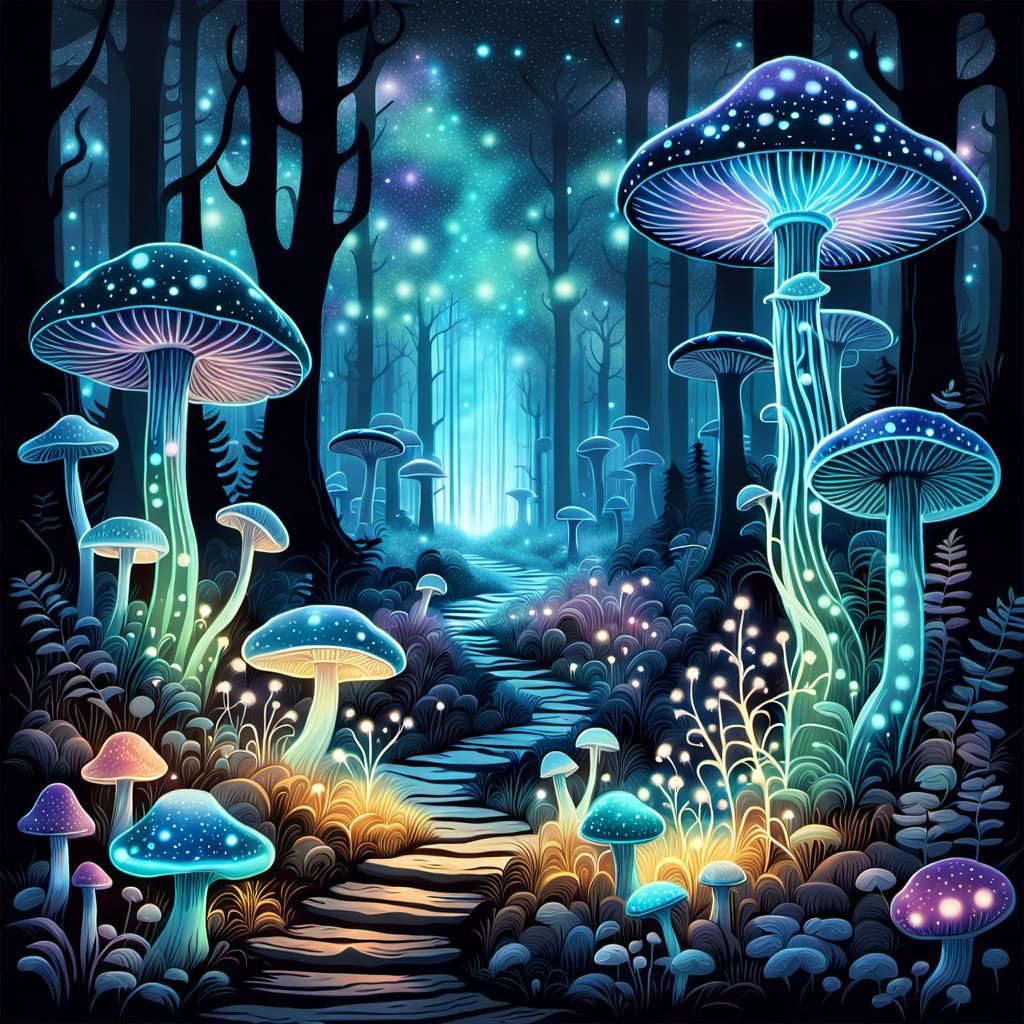 Bioluminescent Mushroom Forest in Celestial Style