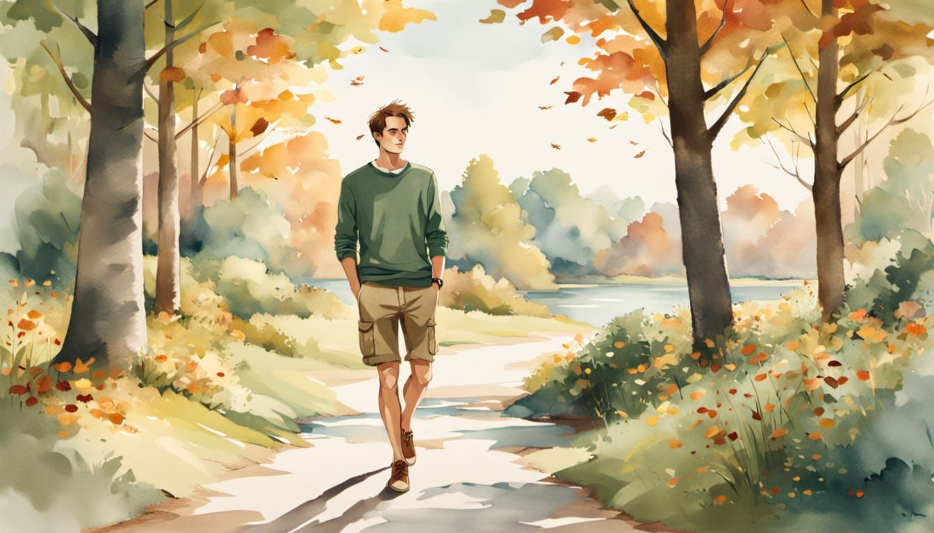 Man in Sun-Dappled Park at Summer Autumn Turn