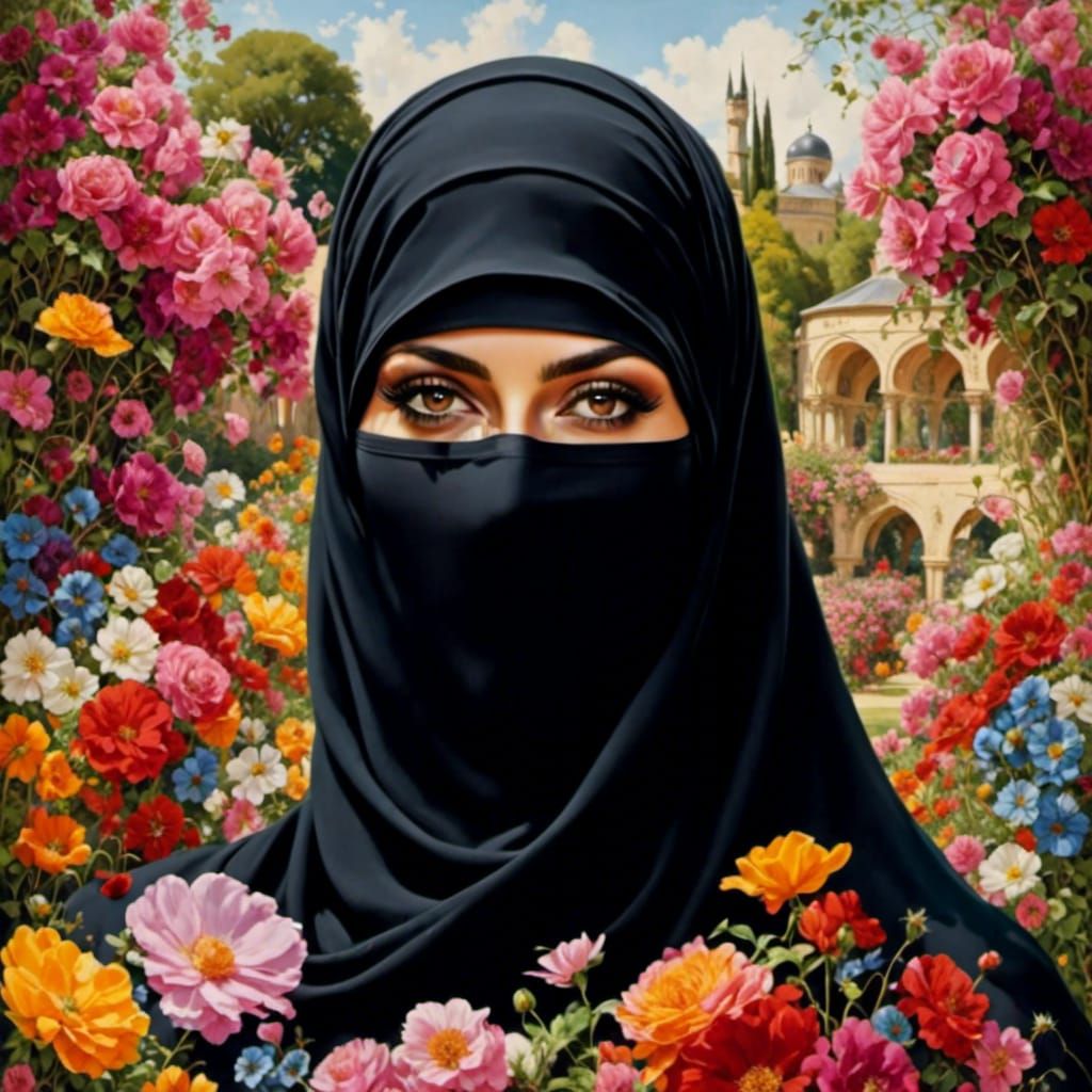 Beautiful Niqabi Portrait in Vibrant Oil-Guache Painting