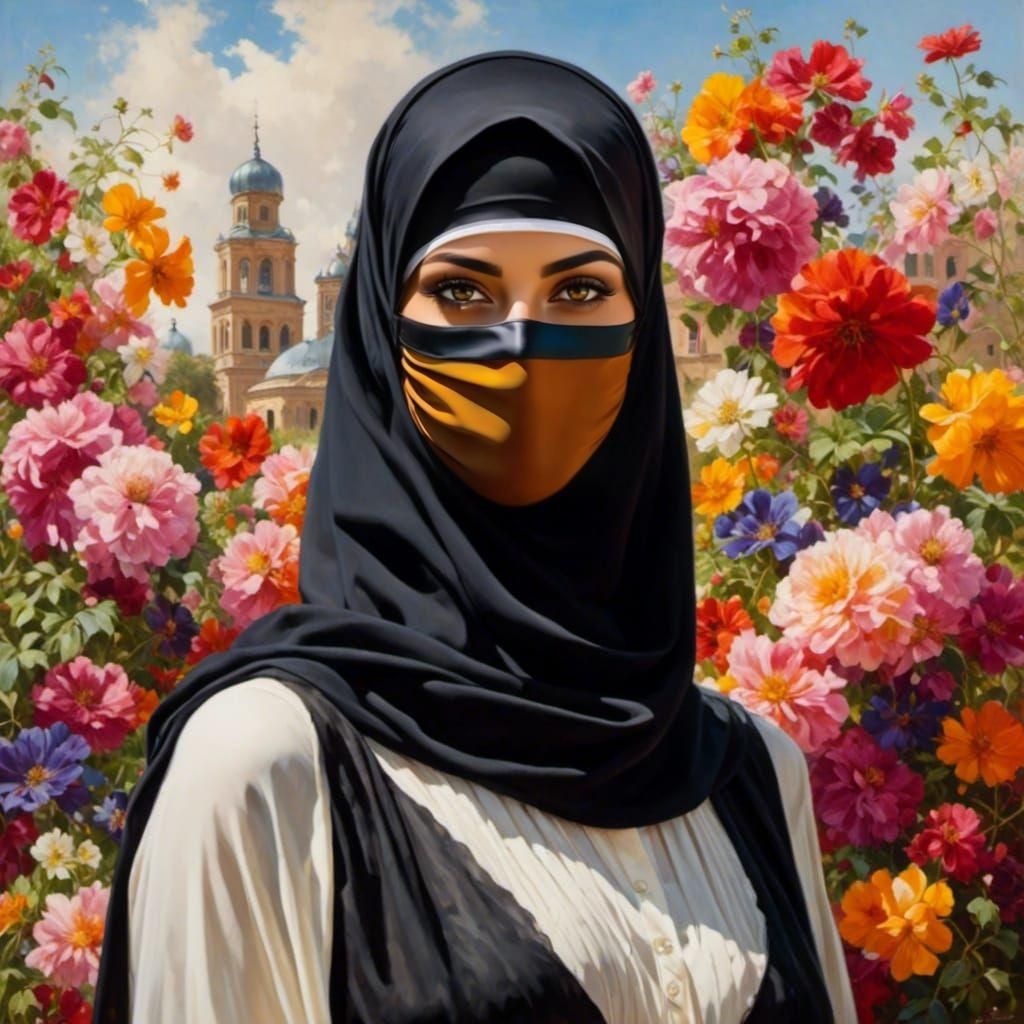 Niqabi Woman Portrait in Flower Garden Painting