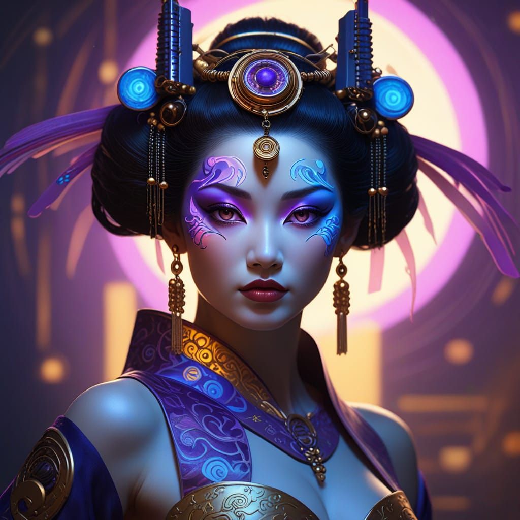 Cybernetic Geisha Rising: Dramatic Oil Painting