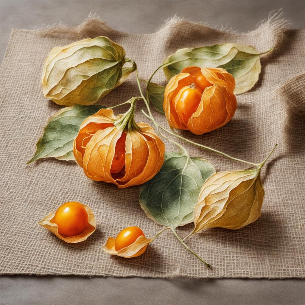 Elegant Physalis Still Life in Gouache Watercolor