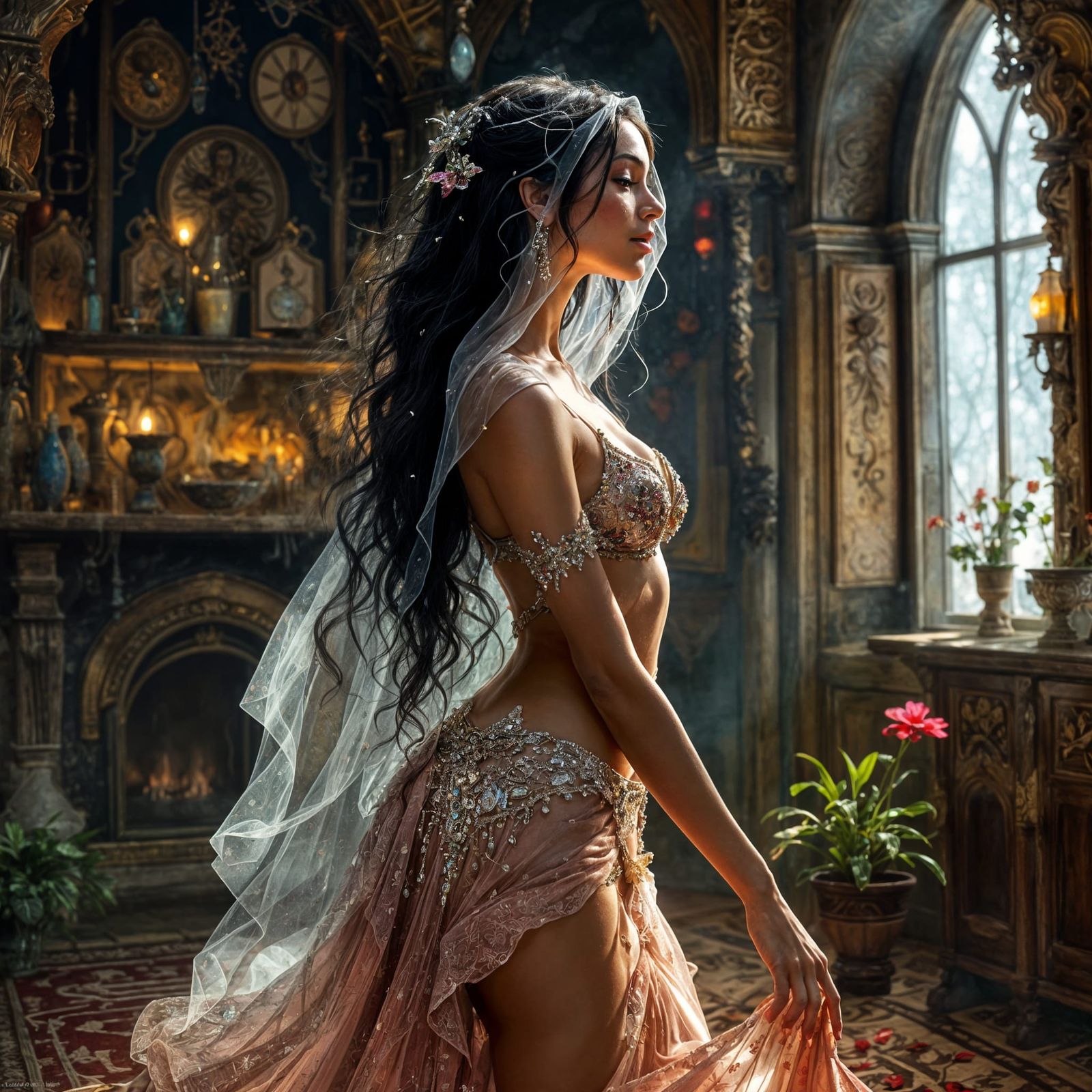 Pretty Belly Dancer in Whimsical Brothel Setting