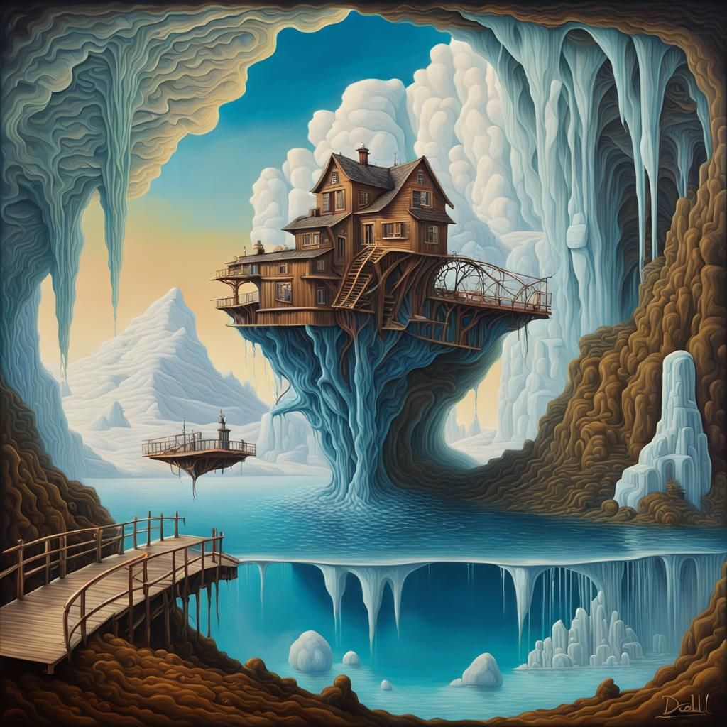 Fractal Cabin and Microscopic Towns in Surreal Dreamscape