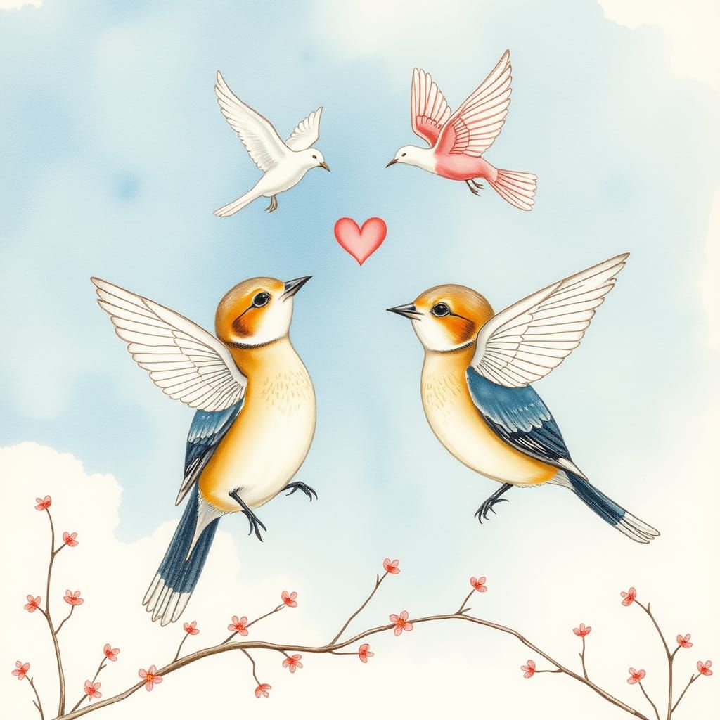 Elegant Pigeons in Whimsical Heart-Shaped Flight