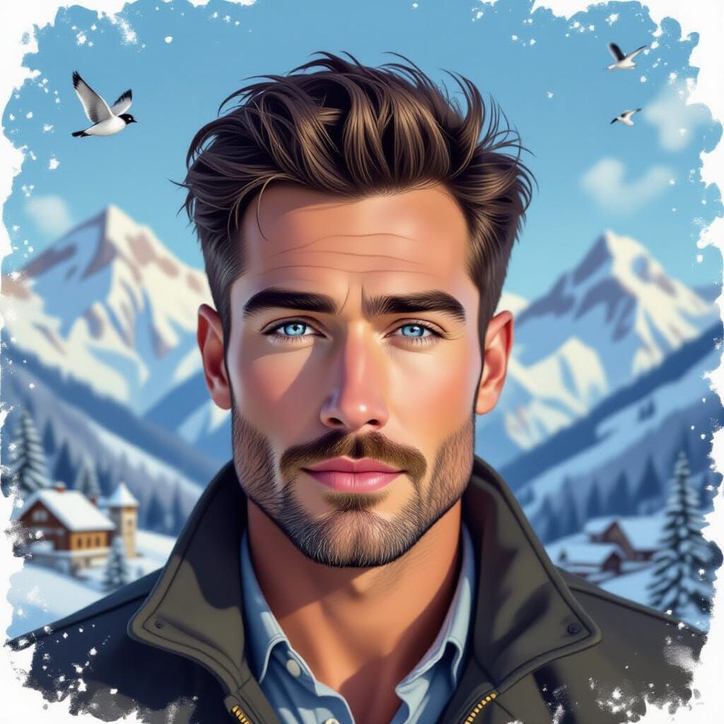 Blue-Eyed Man in Winter Landscape Digital Art