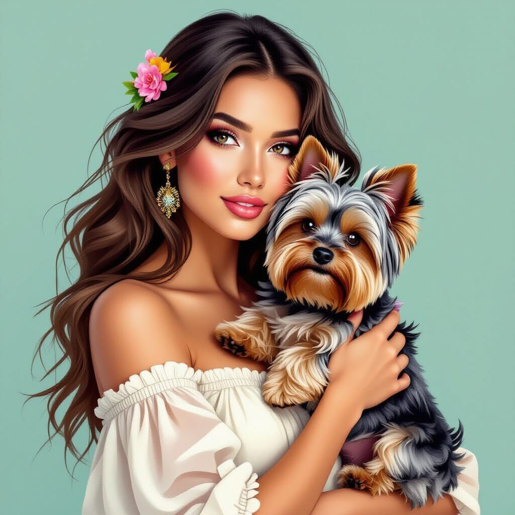 Fantasy Woman With Yorkshire Terrier, Colorful High Quality