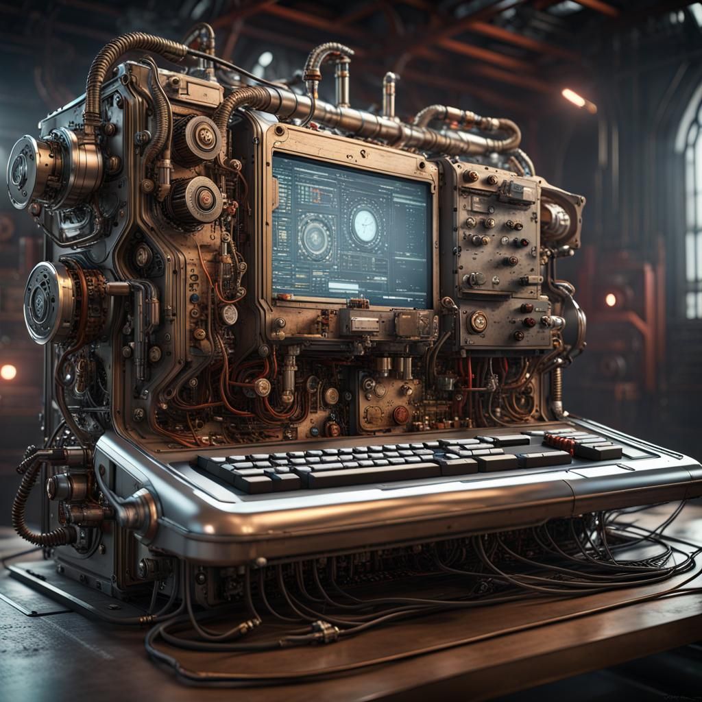 Futuristic Steampunk Computer with Intricate Details