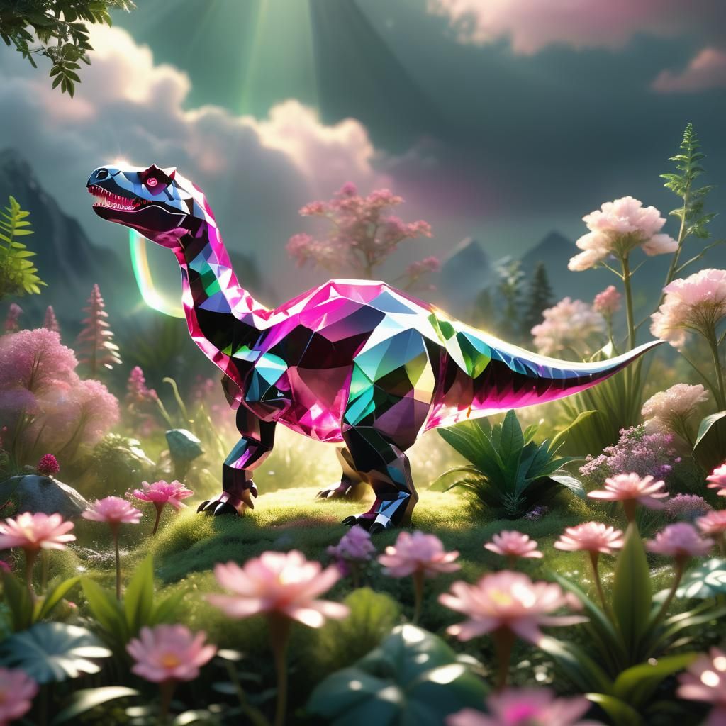 Surreal 3D Digital Art: Gemstone Dinosaur in Vibrant Misty M...