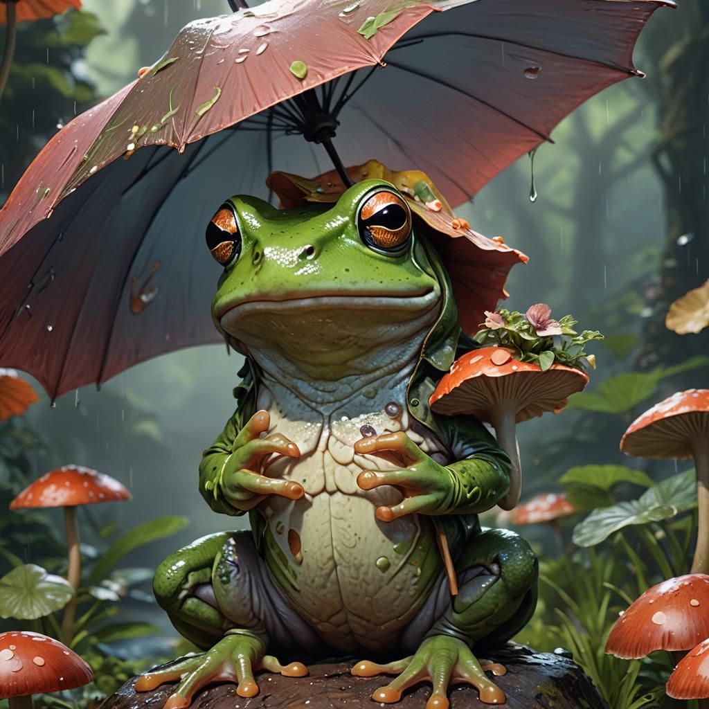 Frog with Mushroom Umbrella: Hyperdetailed Concept Art