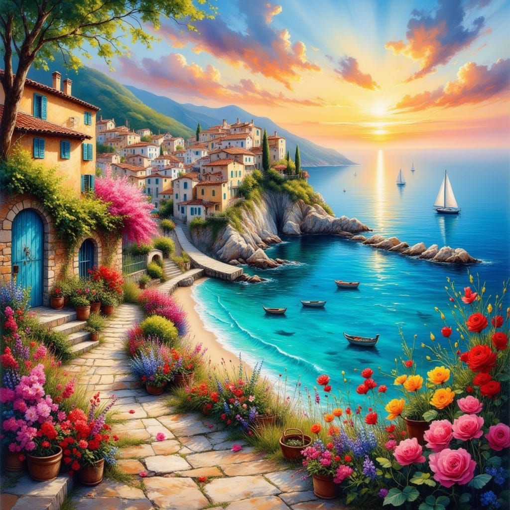 Italian Village Overlooking Azure Sea in Ink Wash