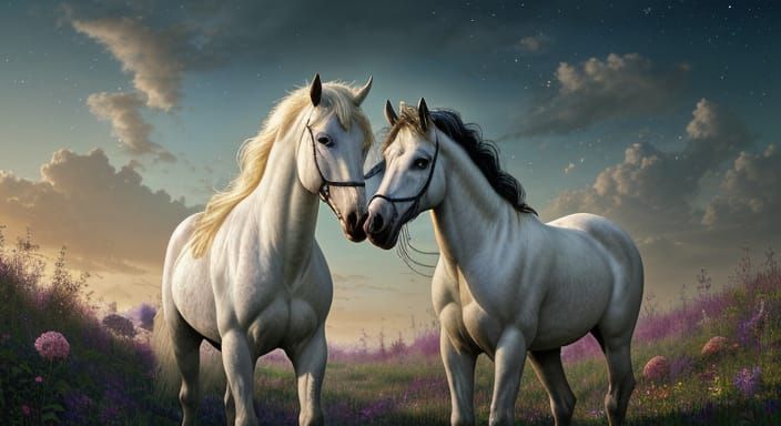 Stallion and Foal Under Blood Moon: Hyperrealistic Digital A...