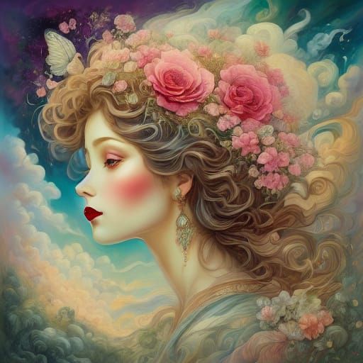 Vintage Pinup Beauty in Whimsical Mixed Media Style