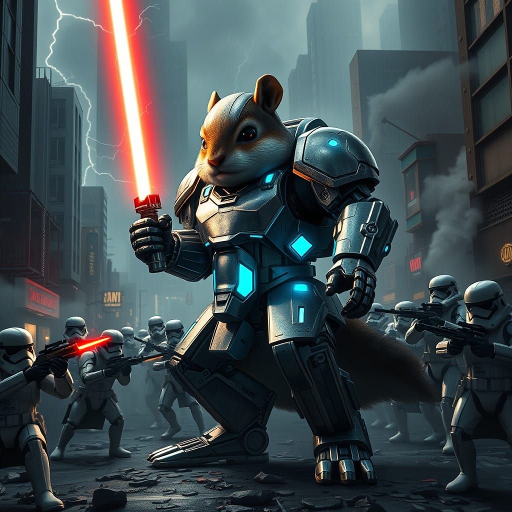 Mecha Chipmunk Heroically Wields Lightsaber Amidst Urban Bat...