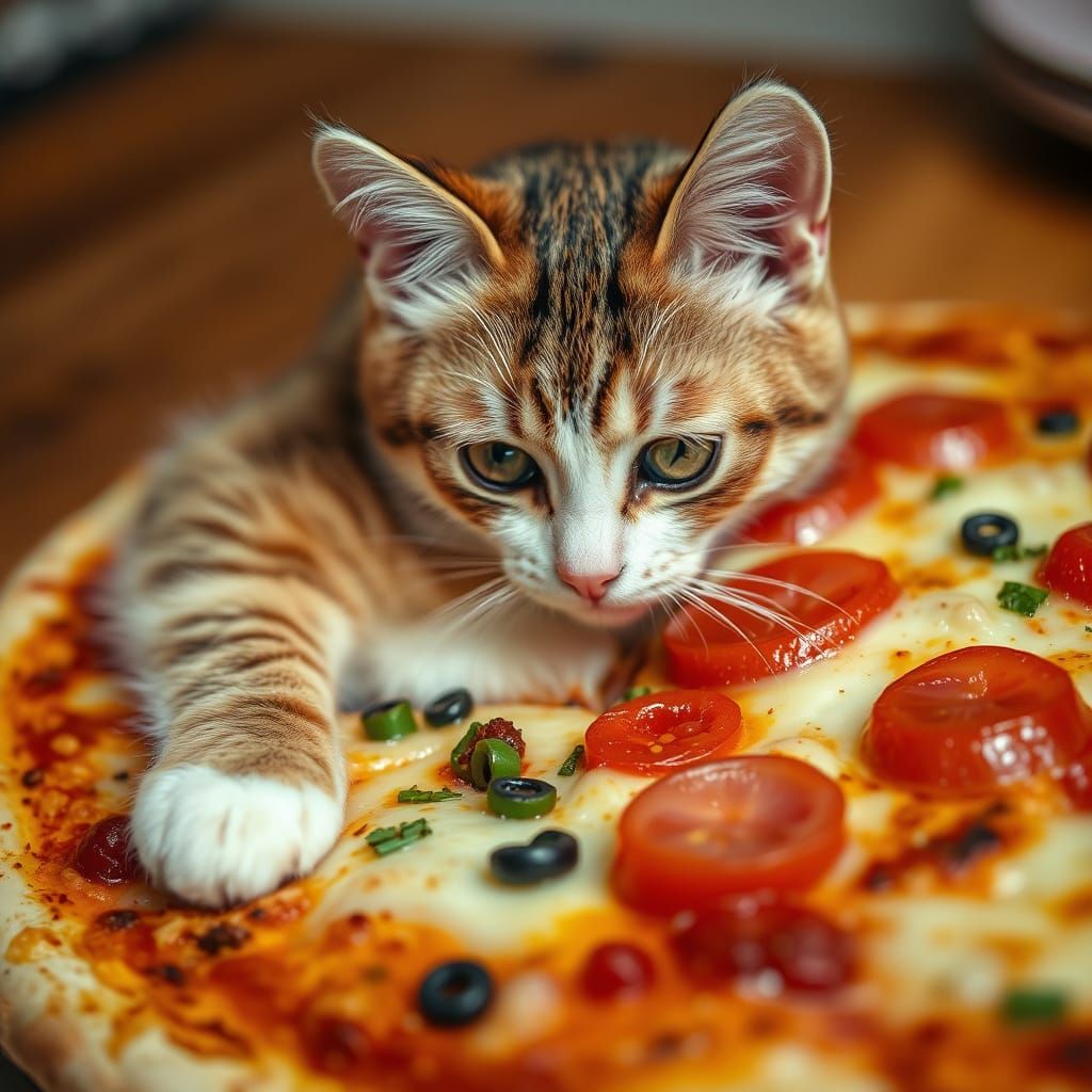 Cute Cat Eating Pizza with Ham and Mushrooms
