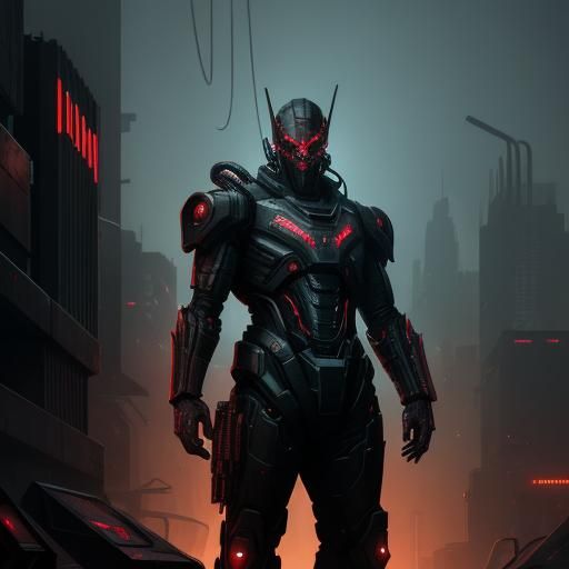 Alien in Cyberpunk Power Armor in Abandoned City