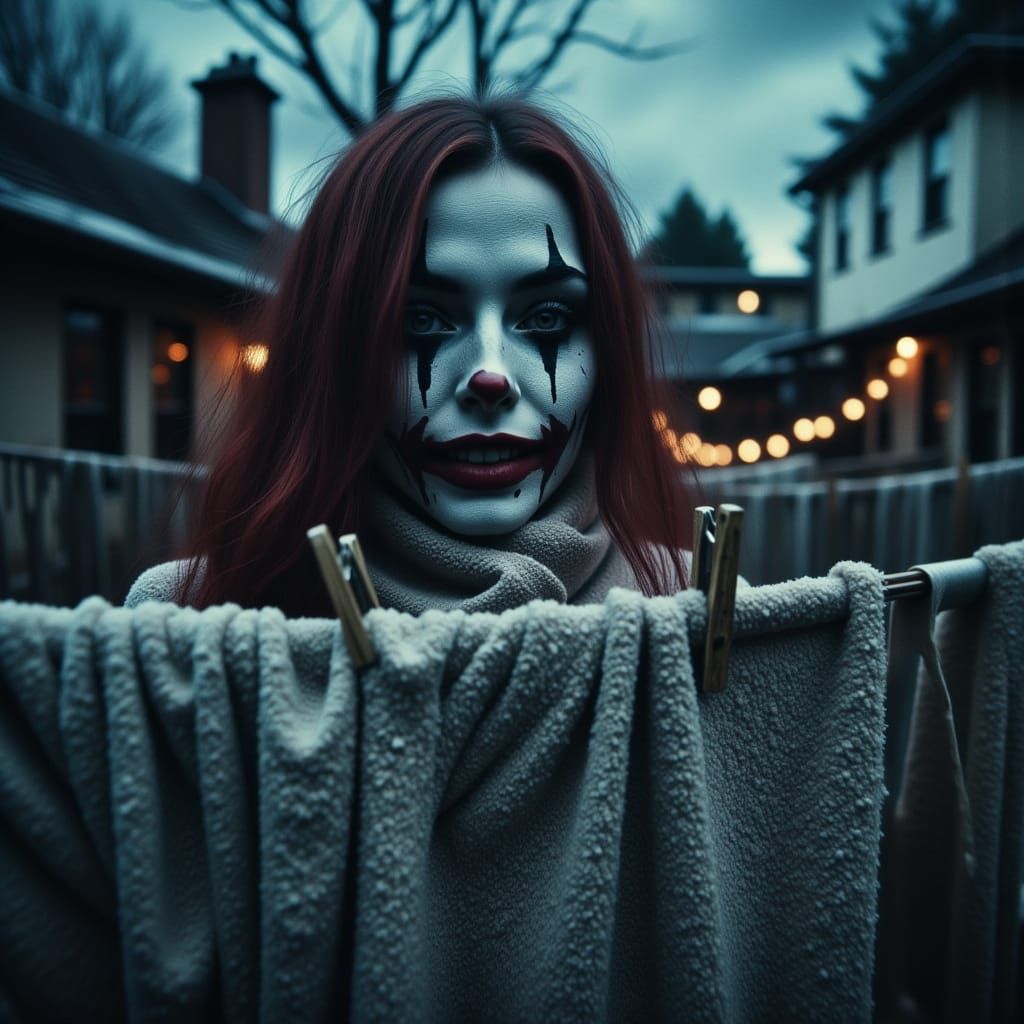 Eerie Clown Beauty: Hyper-Real Portrait on Washing Line