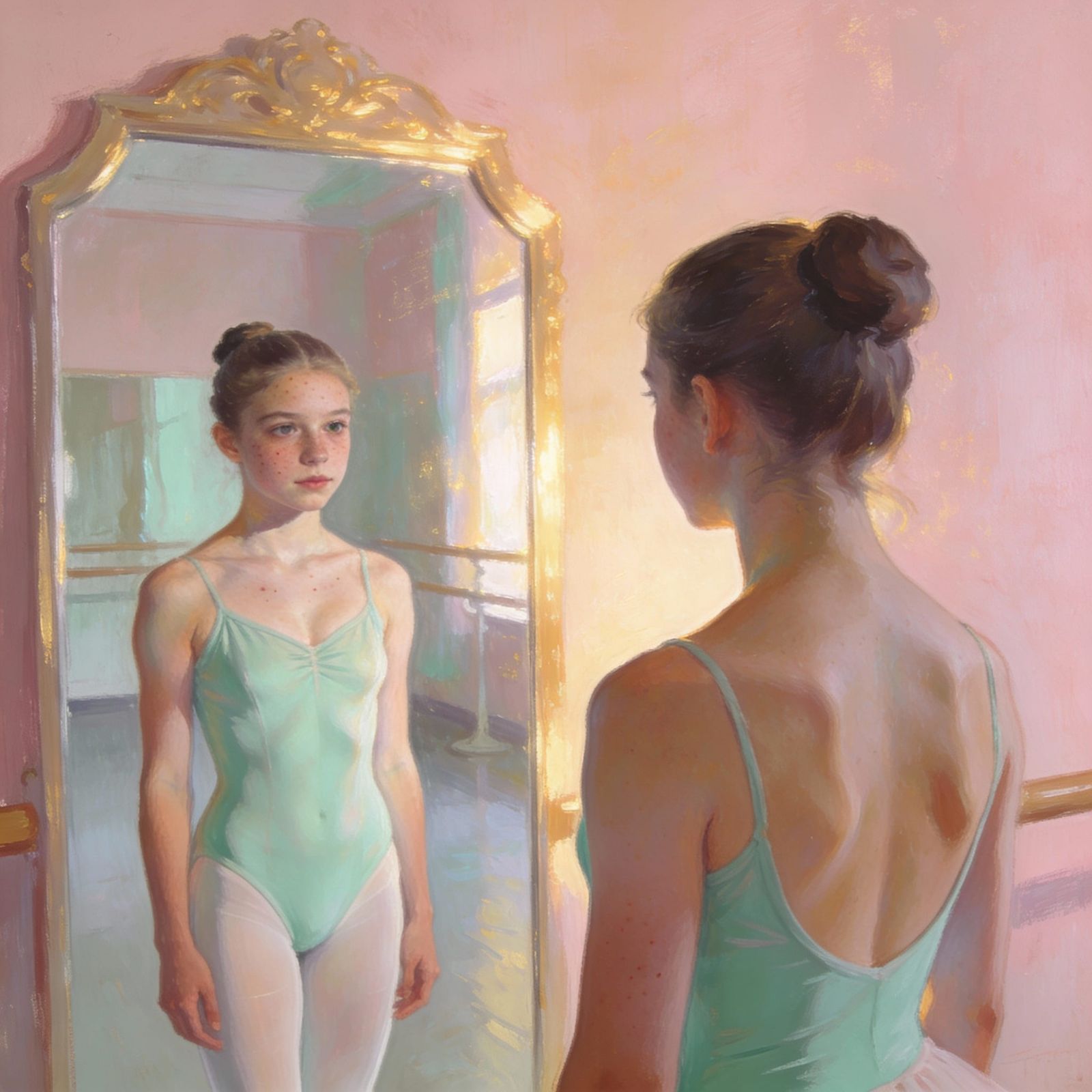 Teenage Ballerina's Dual Reflection