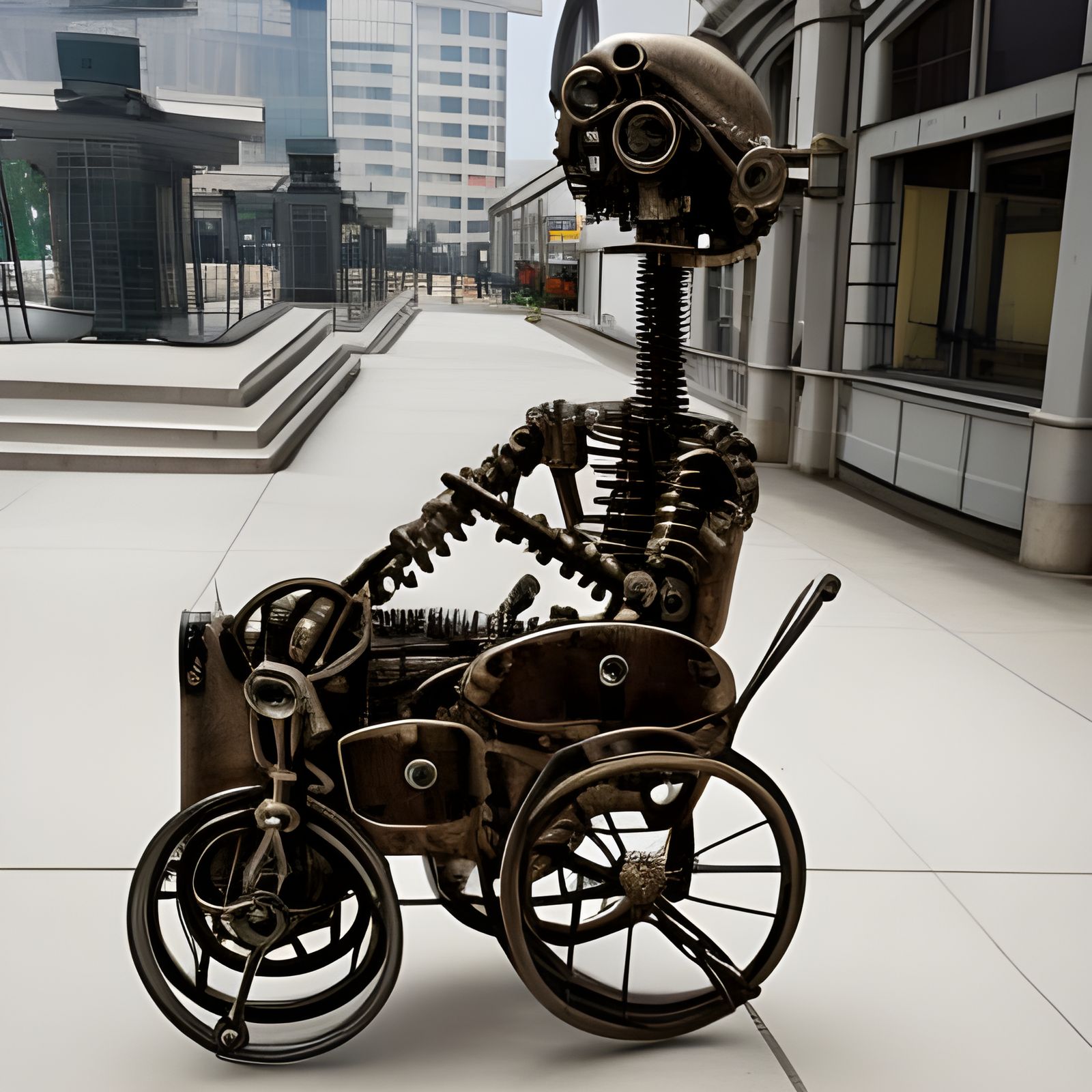Steampunk Robot Retirement on City Sidewalk