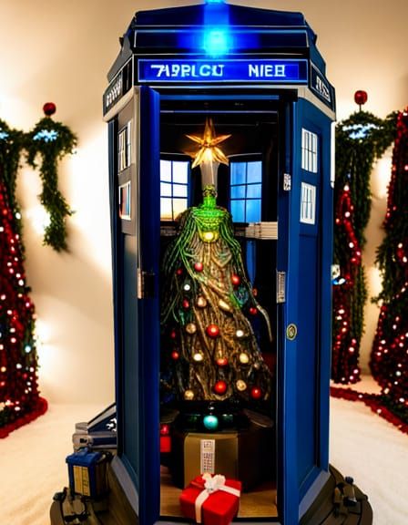 Hyper realistic Christmas tree with  Dalek ornaments, TARDIS...