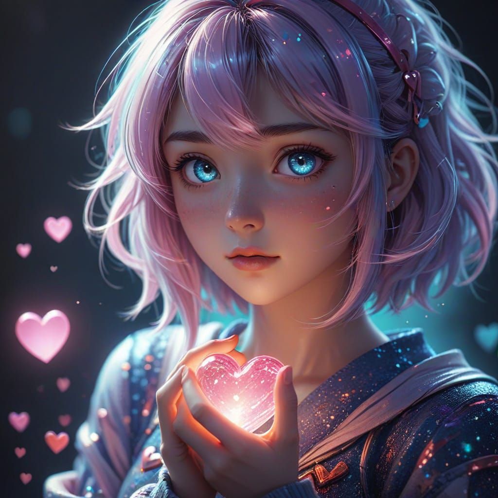 Anime Person Holding Heart in Pastel Colors