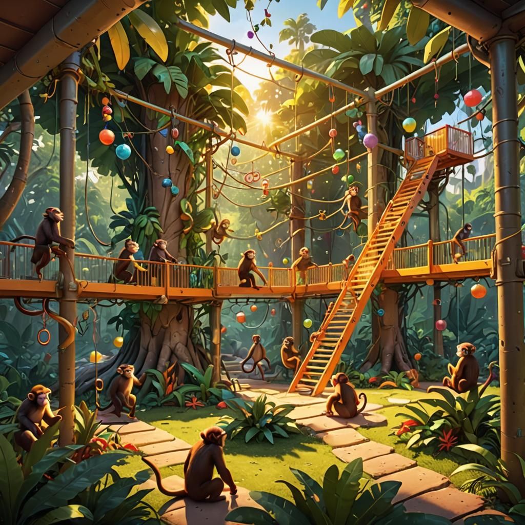 Playful Monkeys in a Vibrant Animated Enclosure