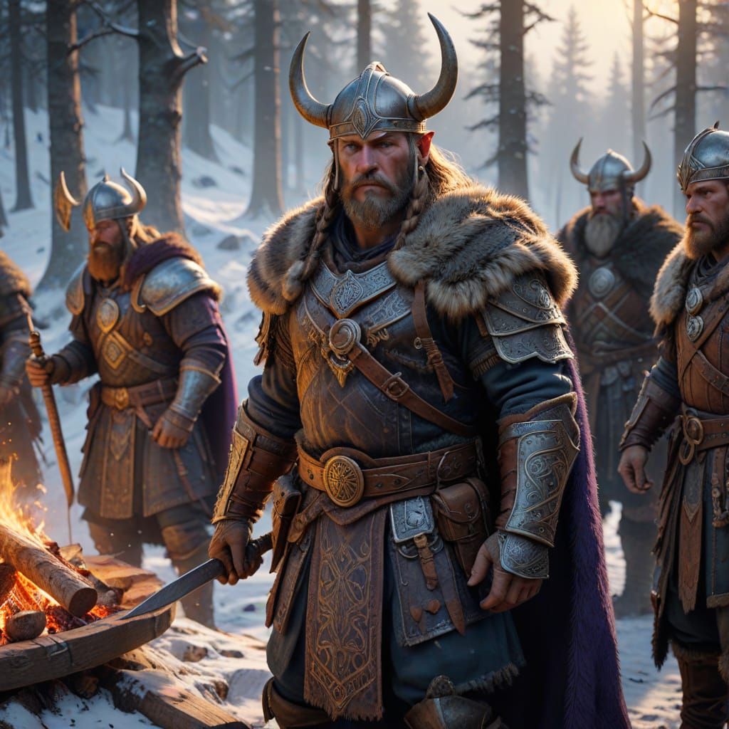 Vikings in a Snowy Forest Camp, Dark Fantasy Concept Art