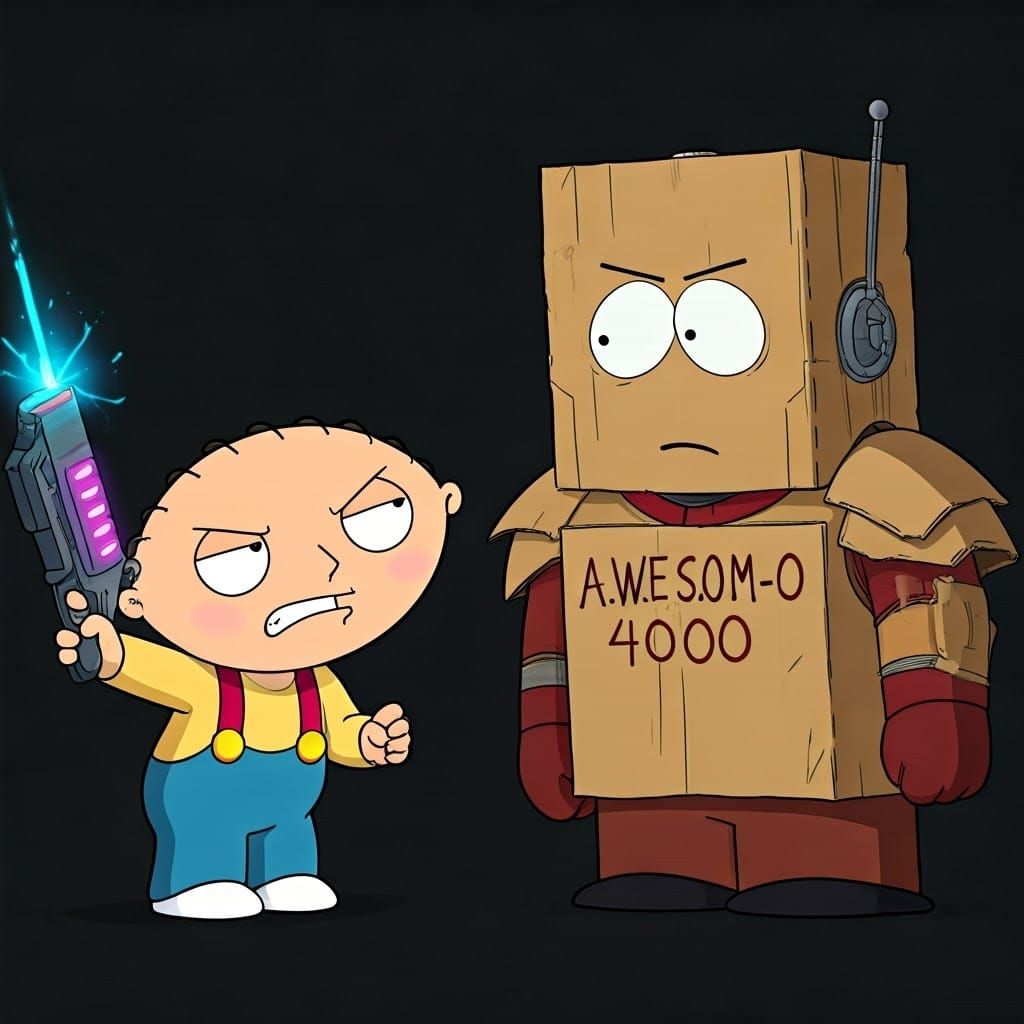 Stewie Griffin Confronts A.W.E.S.O.M.-O in Cartoon Style
