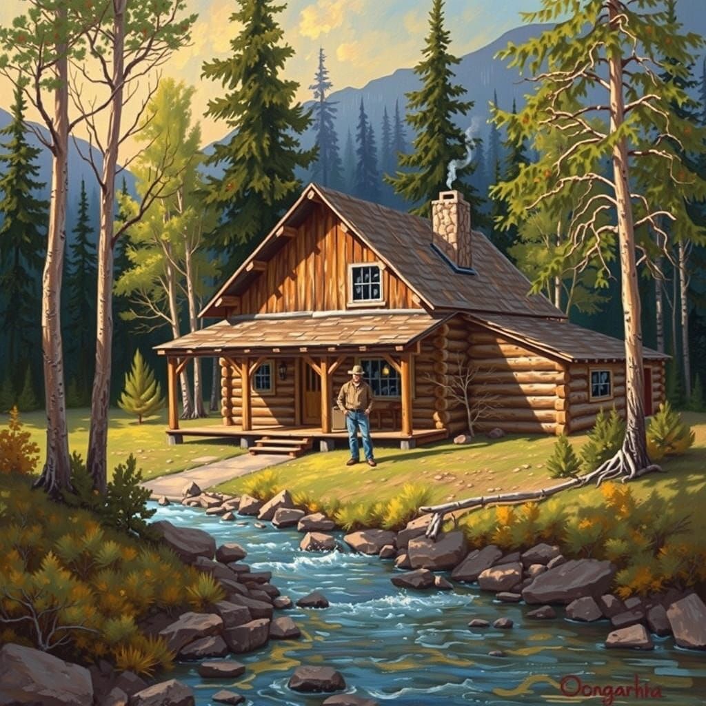 Montana Log Cabin in Wilderness, Painterly Style