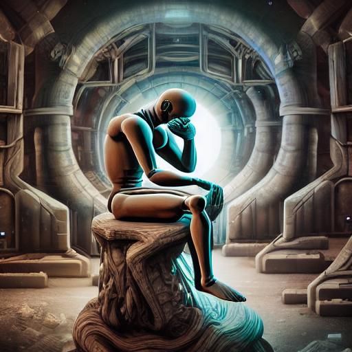 Humanoid Thinker in Trashed Laboratory Space Fantasy