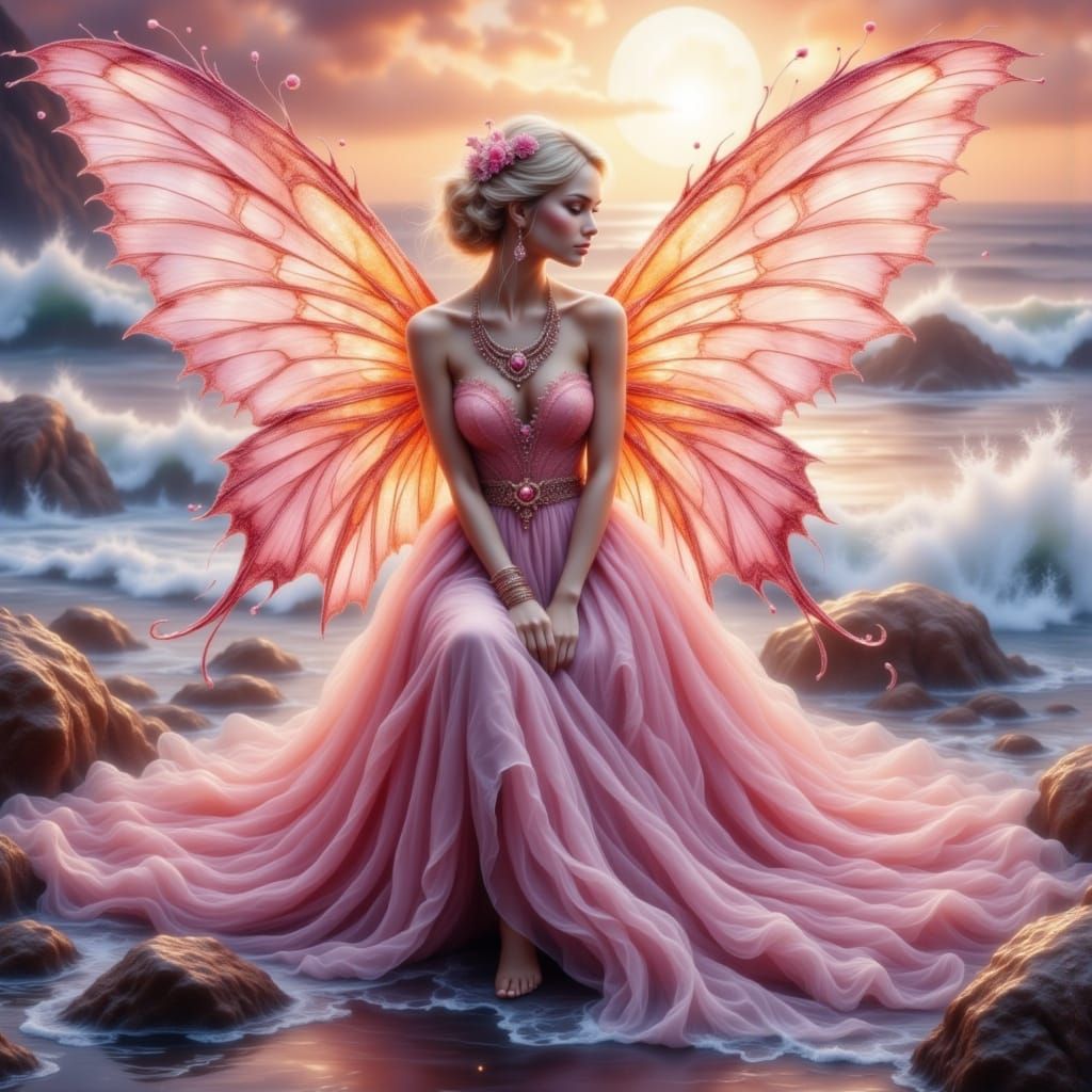 Pink Fairy with Translucent Wings, Dreamlike Illustration