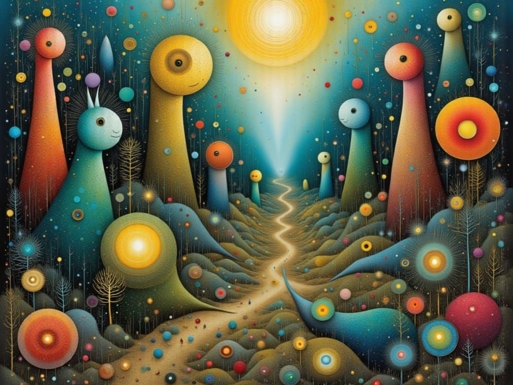 Dreamlike Landscape with Fantastical Creatures in Oil Paint