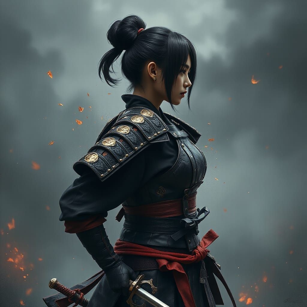 Elegant Female Samurai Warrior in Profile