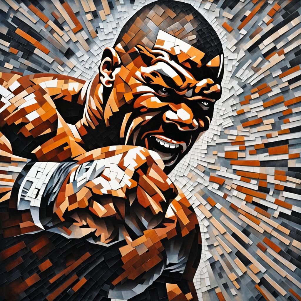 mosaic art, Mike Tyson, explosive power visualized through dynamic fragments, aggressively angled pieces show peak physi...