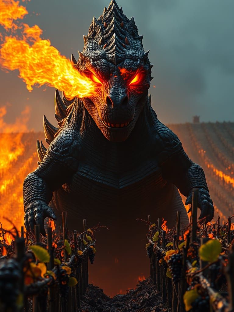 Godzilla's Fiery Gaze Ignites a Vineyard