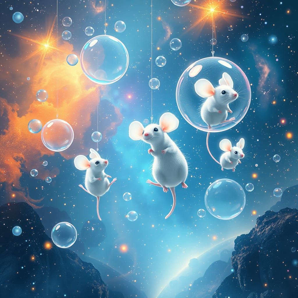 Celestial Whimsy: Glowing Mice Amidst Iridescent Bubbles and...