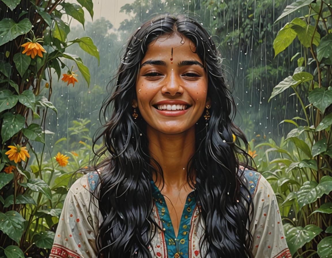 Indian Lady Enjoys Monsoon Rain: Oil Painting