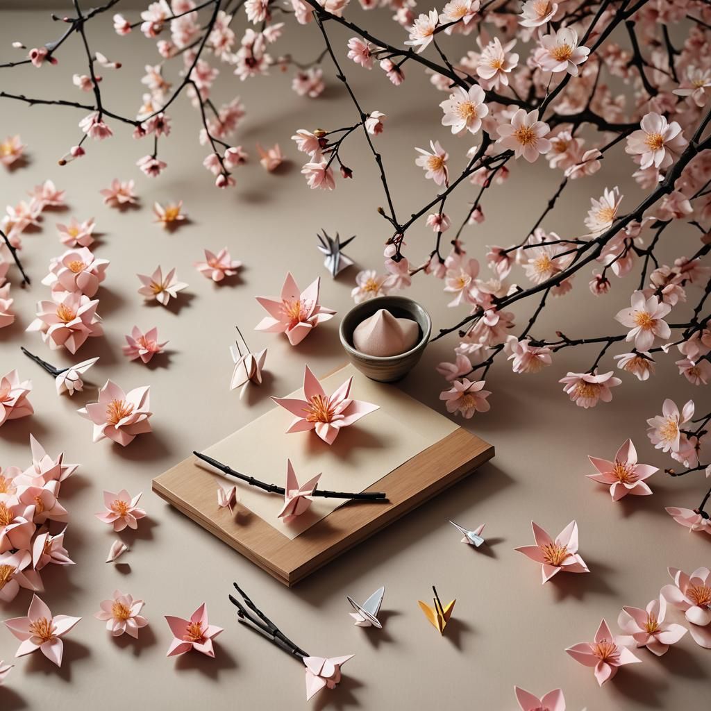 Ikebana and Origami Still Life in Pastel Colors