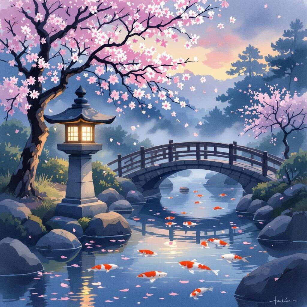 Tranquil Japanese Garden at Twilight in Watercolor Style