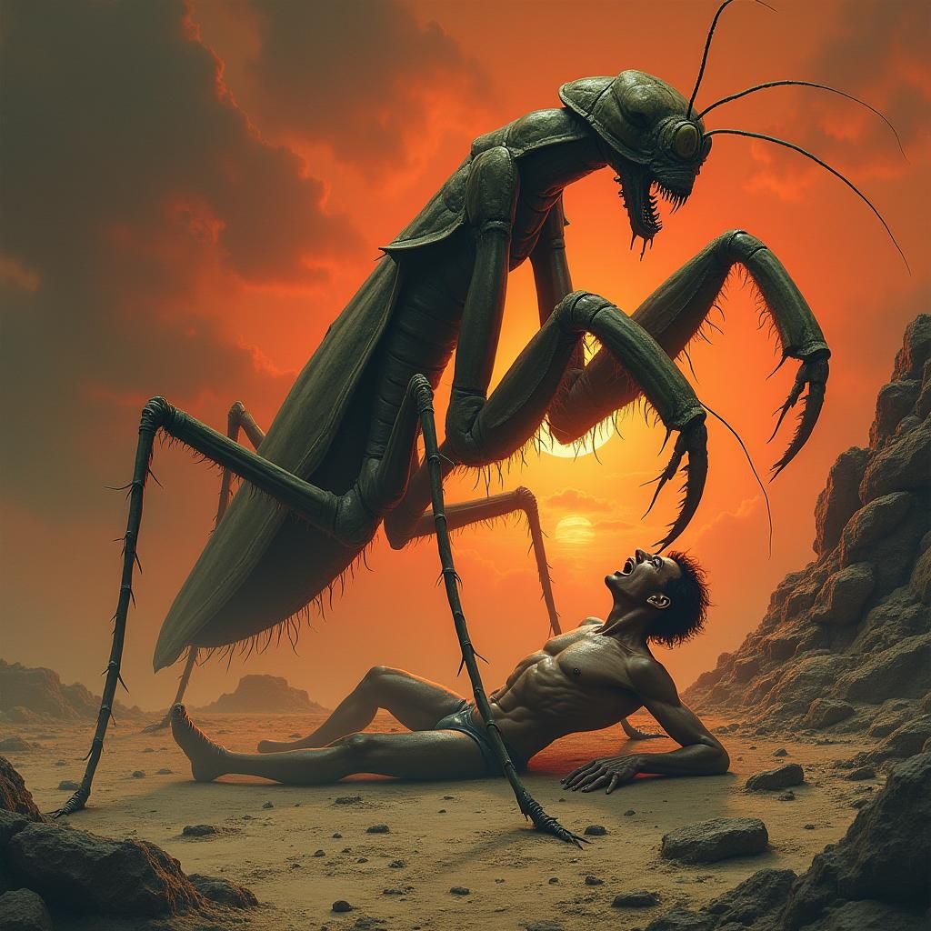 Giant Praying Mantis Devouring Human, Horror Illustration