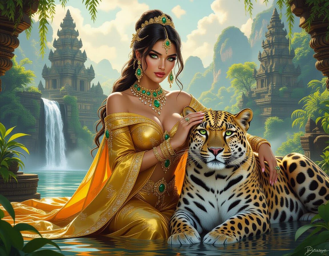 Royal Beauty with Leopard in Mystical Landscape