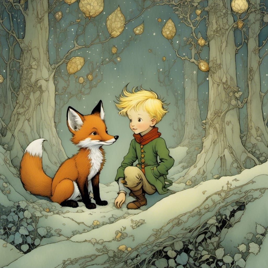 Little Prince and Fox Illustration in Vintage Style