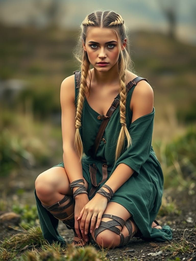Viking Woman in Green Tunic, Natural Light Photography