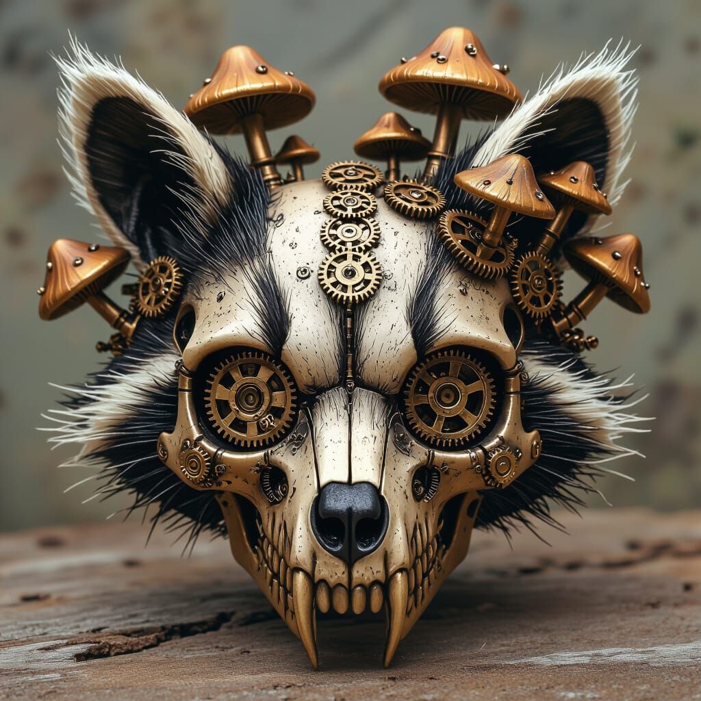 Steampunk Raccoon Skull with Mechanical Mushrooms