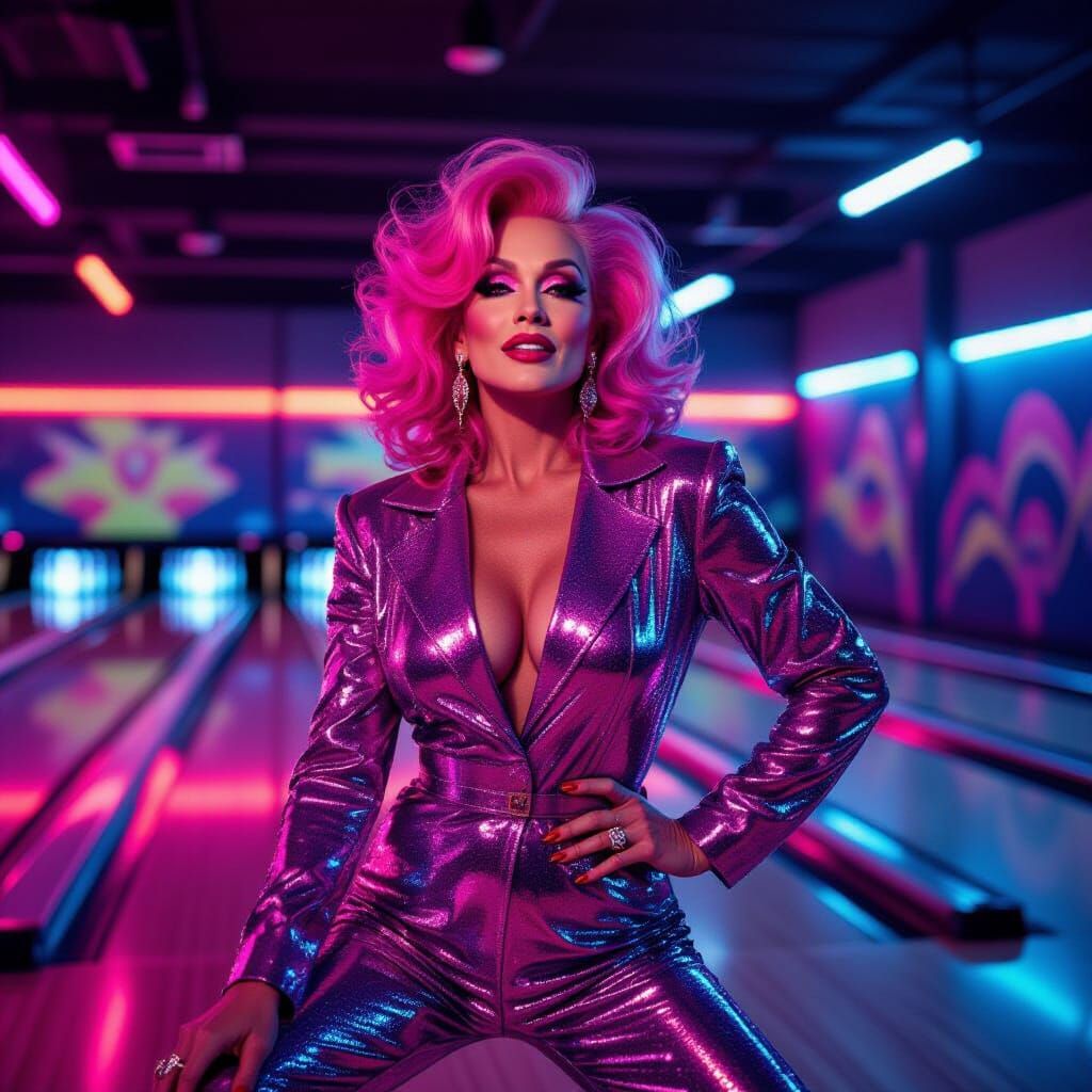 Trans Woman in Bowling Alley: 80s Pop Art Style