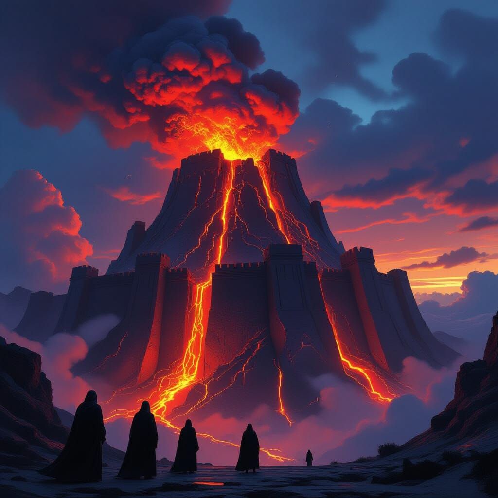 Colossal Volcano Fortress Erupting Under Twilight Sky